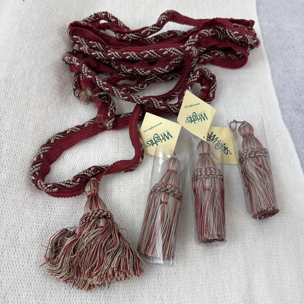 Vintage Set 4 Wrights Conso 4.5" Tassel Fringe Trim Burgundy Gold Braid 5.2 Yds